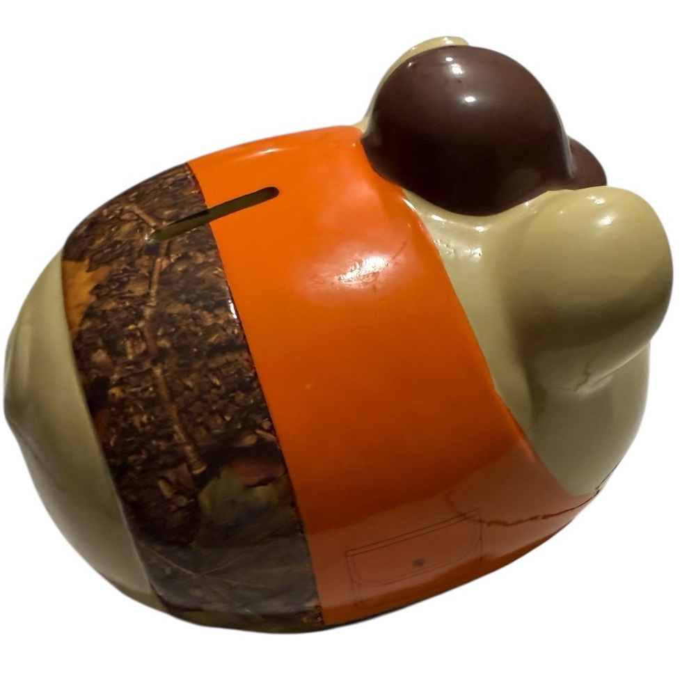 Large Piggy Bank with Mossy Oak Camo Hat and Orange and Camo Clothing. F.A.B. NY - Picture 5 of 13